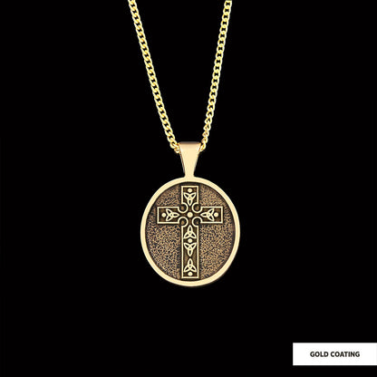 Special Design Motif Cross Necklace, Gold Plated Silver Cross Christian Pendants, Oval Silver Necklace Gold Coating by SWISS 