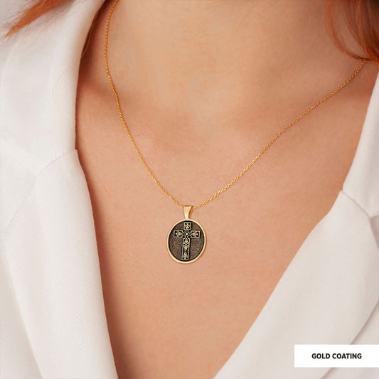 Special Design Motif Cross Necklace, Gold Plated Silver Cross Christian Pendants, Oval Silver Necklace Gold Coating