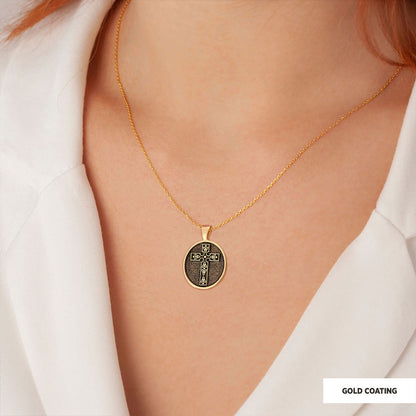 Special Design Motif Cross Necklace, Gold Plated Silver Cross Christian Pendants, Oval Silver Necklace Gold Coating by SWISS 