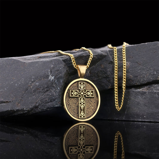 Special Design Motif Cross Necklace, Gold Plated Silver Cross Christian Pendants, Oval Silver Necklace - view 1
