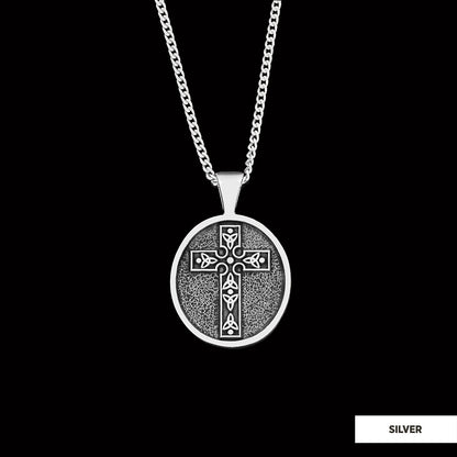 Special Design Motif Cross Necklace, Gold Plated Silver Cross Christian Pendants, Oval Silver Necklace by SWISS PLUS - Christ