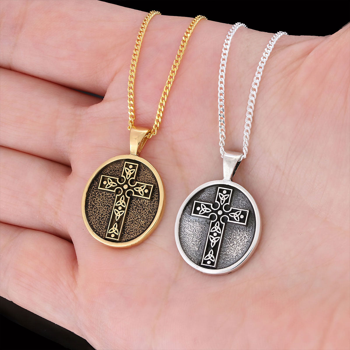 Special Design Motif Cross Necklace, Gold Plated Silver Cross Christian Pendants, Oval Silver Necklace - view 4