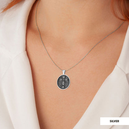 Special Design Motif Cross Necklace, Gold Plated Silver Cross Christian Pendants, Oval Silver Necklace by SWISS PLUS - Christ
