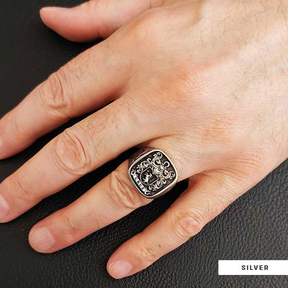 Square Celtic Design Raised Family Ring, Handmade Family Crest Ring by SWISS PLUS - Family Collection - view 6