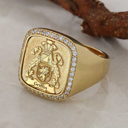 925 Sterling Silver Square Raised Family Crest Ring by SWISS PLUS - Family Collection