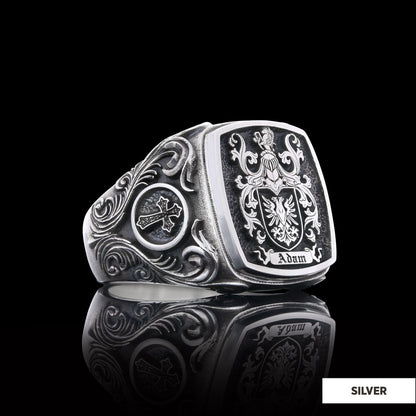Square Family Crest Ring, 925 Sterling Silver Family Ring by SWISS PLUS - Family Collection - view 3