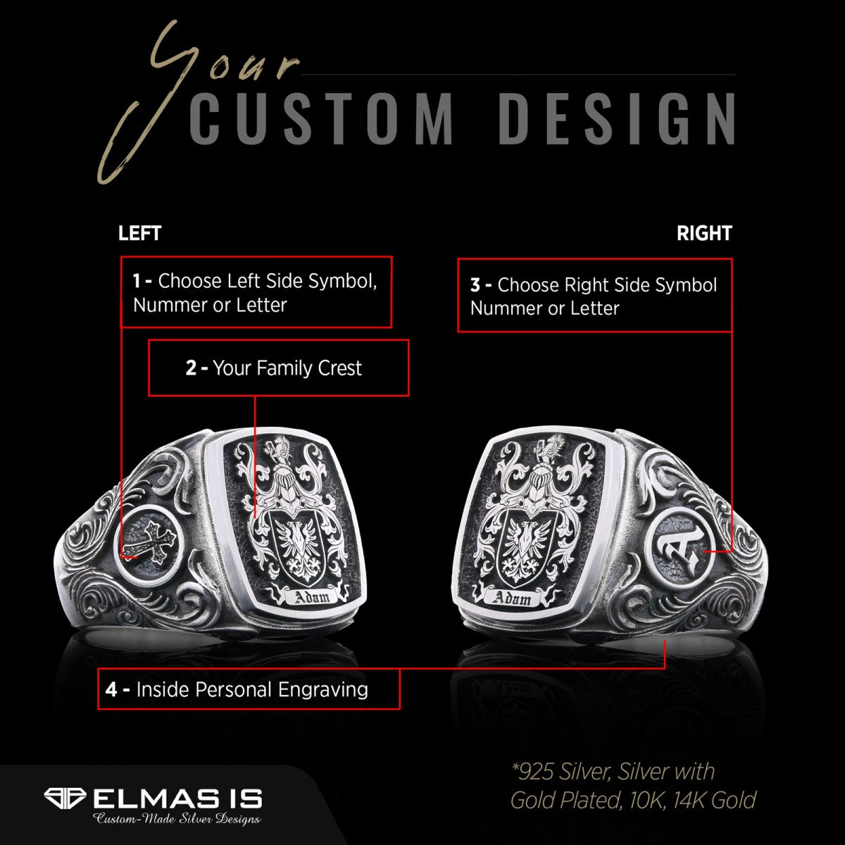 Square Family Crest Ring, 925 Sterling Silver Family Ring - view 5