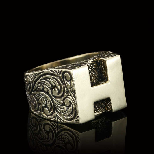 Sterling Silver Handmade Monogram H Alphabet Ring by SWISS PLUS - Letter Collection - view 2