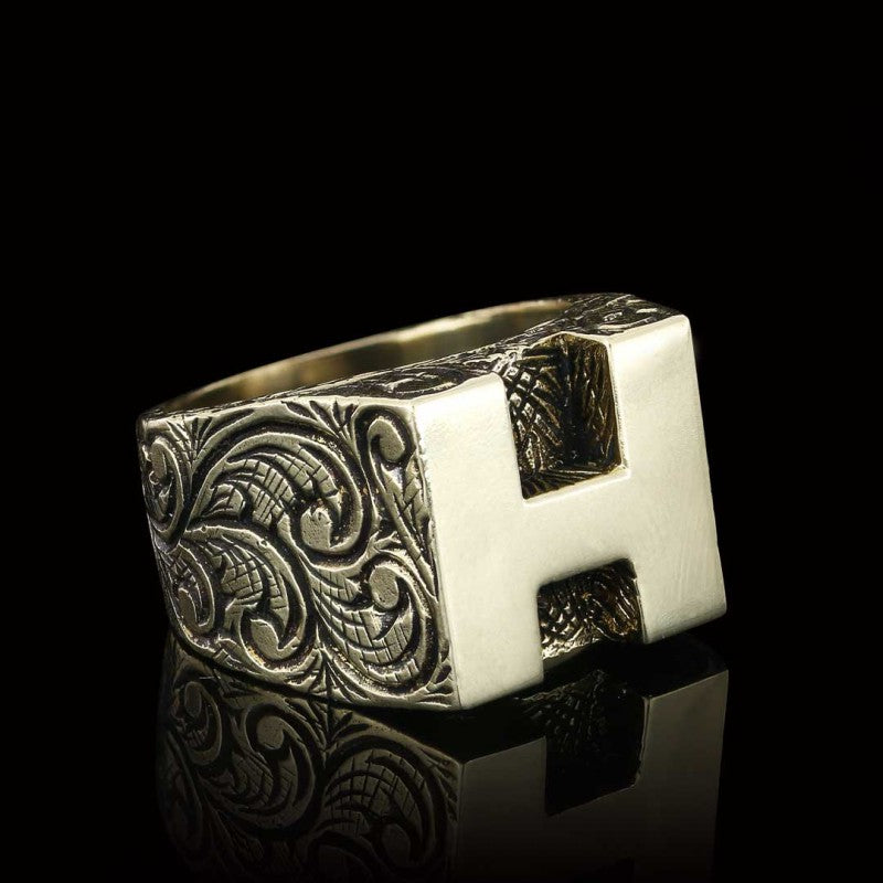Sterling Silver Handmade Monogram H Alphabet Ring - view 2