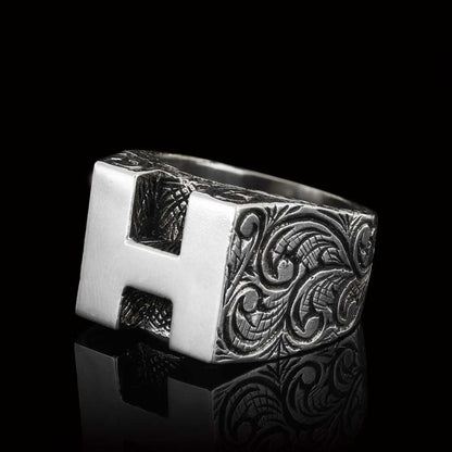 Sterling Silver Handmade Monogram H Alphabet Ring by SWISS PLUS - Letter Collection - view 3