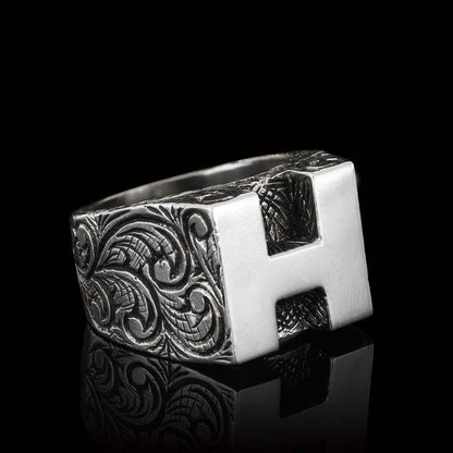 Sterling Silver Handmade Monogram H Alphabet Ring by SWISS PLUS - Letter Collection - view 4