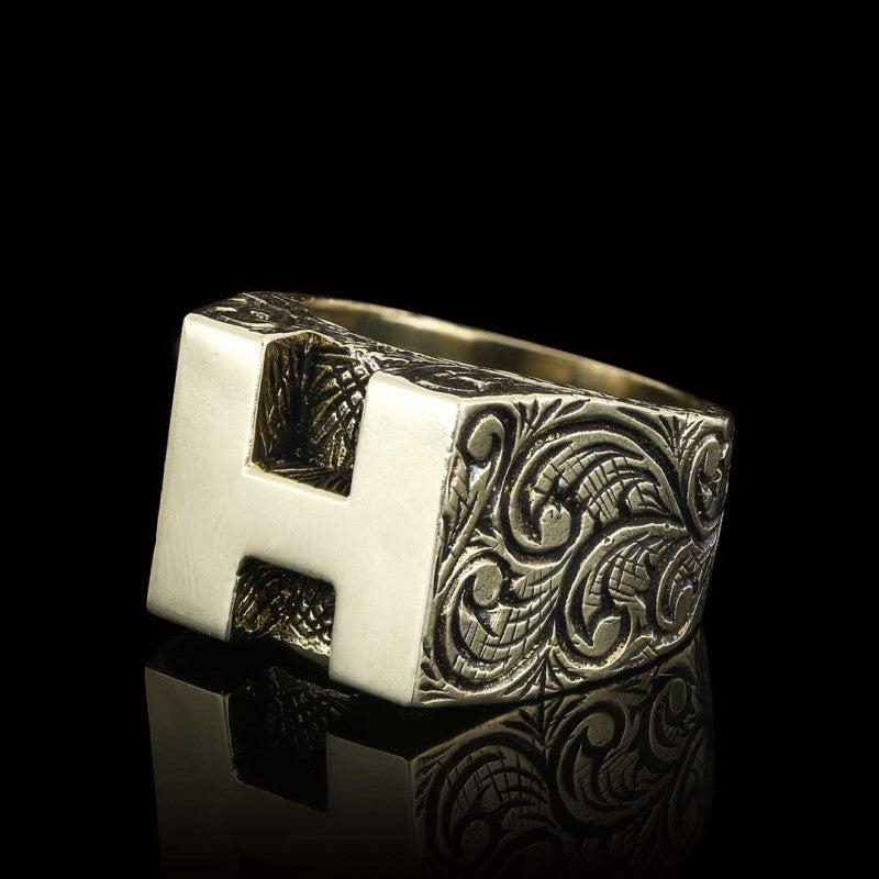 Sterling Silver Handmade Monogram H Alphabet Ring - view 5
