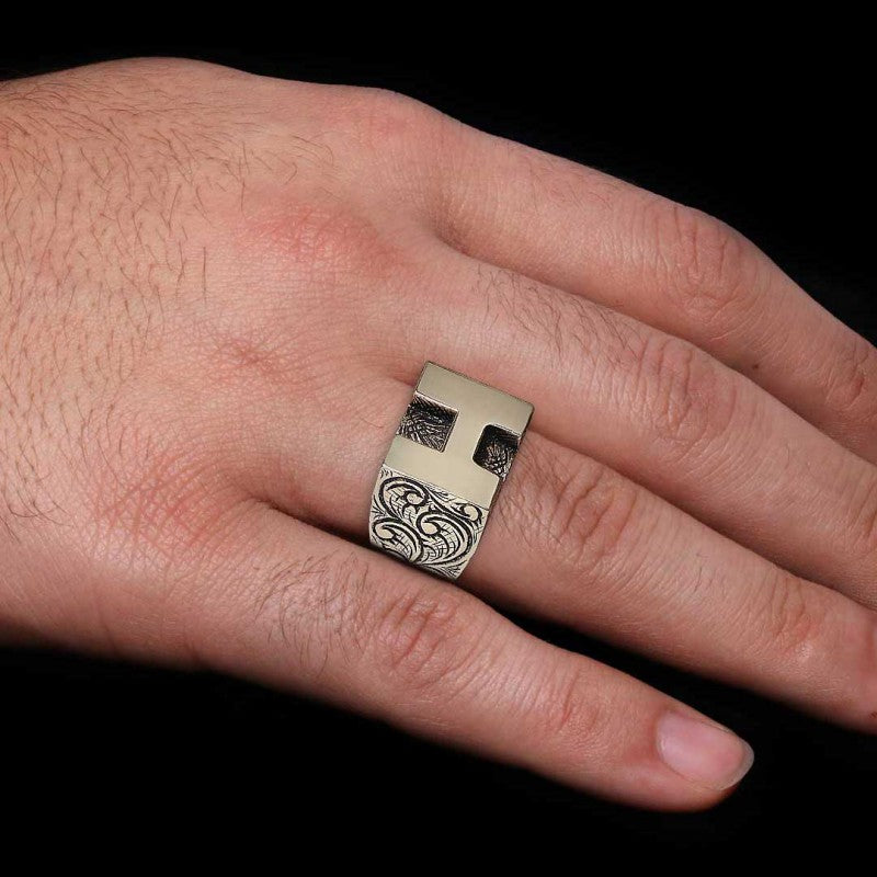 Sterling Silver Handmade Monogram H Alphabet Ring - view 6