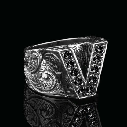 Special Design Sterling Silver Letter Monogram V Ring by SWISS PLUS - Letter Collection - view 6