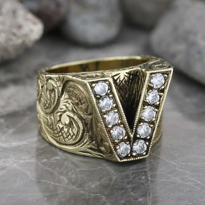 Special Design Sterling Silver Letter Monogram V Ring by SWISS PLUS - Letter Collection