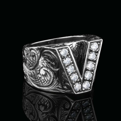 Special Design Sterling Silver Letter Monogram V Ring by SWISS PLUS - Letter Collection - view 4