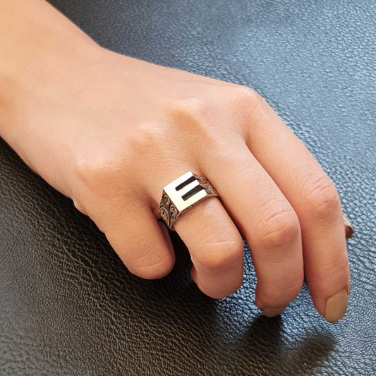Sterling Silver Monogram E Bold Alphabet Women Ring