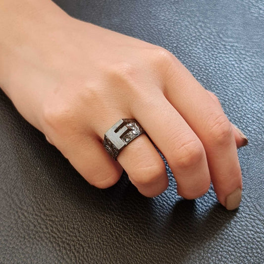 Sterling Silver Monogram F Bold Alphabet Women Ring - view 1