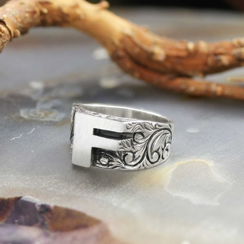 Sterling Silver Monogram F Bold Alphabet Women Ring - view 4