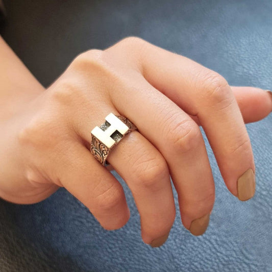 Sterling Silver Monogram H Bold Alphabet Women Ring