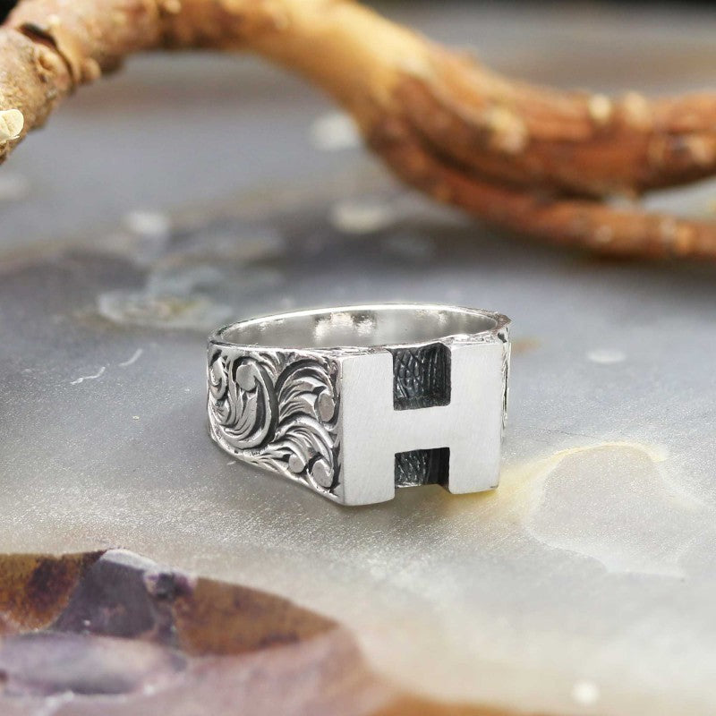 Sterling Silver Monogram H Bold Alphabet Women Ring