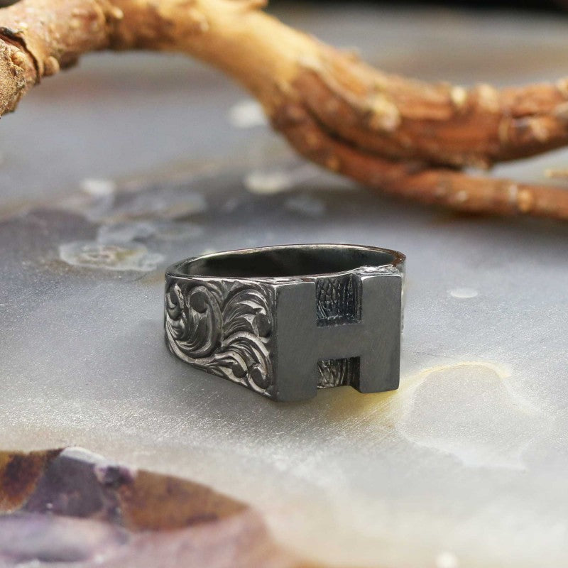 Sterling Silver Monogram H Bold Alphabet Women Ring - view 6