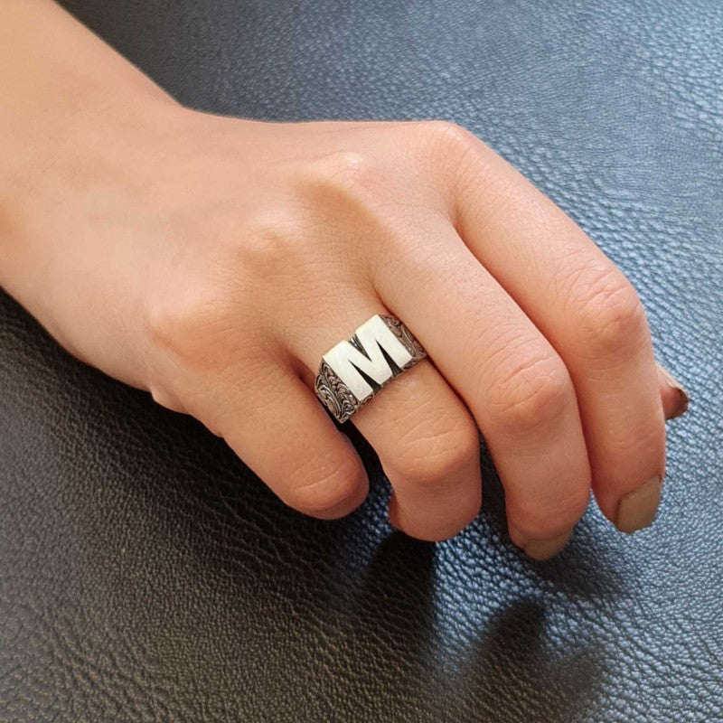 Sterling Silver Monogram M Bold Alphabet Women Ring - view 7