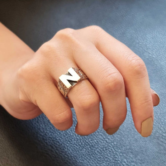 Sterling Silver Monogram N Bold Alphabet Women Ring