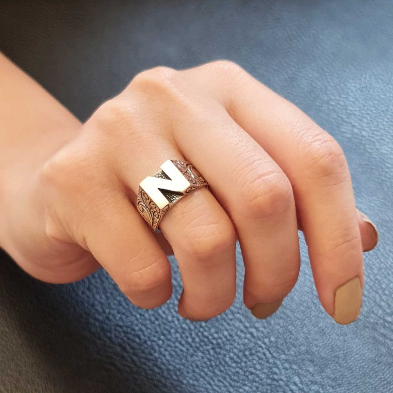 Sterling Silver Monogram N Bold Alphabet Women Ring - view 1
