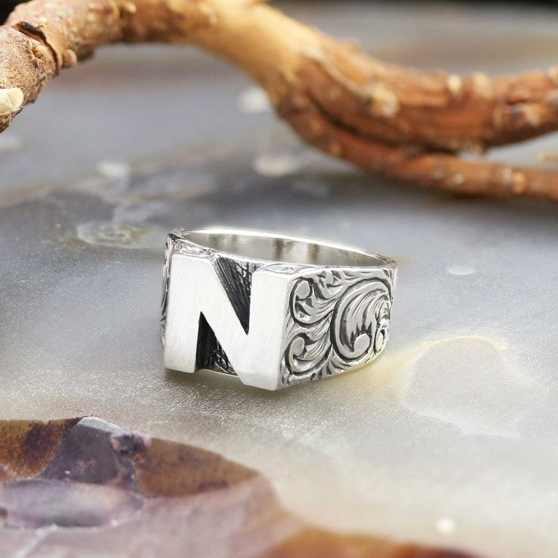 Sterling Silver Monogram N Bold Alphabet Women Ring - view 4