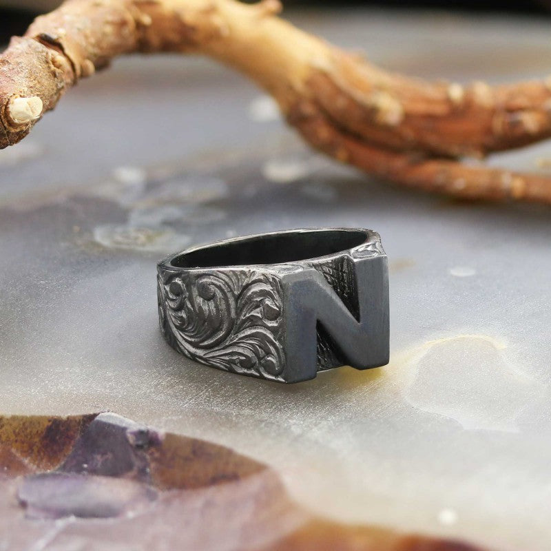 Sterling Silver Monogram N Bold Alphabet Women Ring - view 6