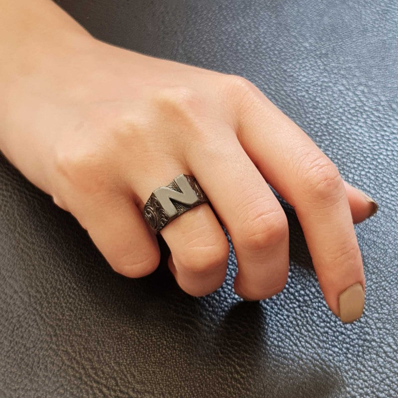 Sterling Silver Monogram N Bold Alphabet Women Ring - view 7