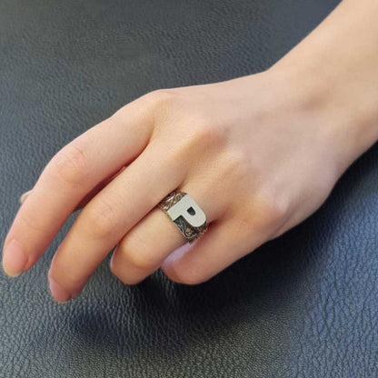 Sterling Silver Monogram P Bold Alphabet Women Ring by SWISS PLUS - Letter Collection