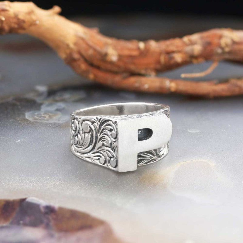 Sterling Silver Monogram P Bold Alphabet Women Ring