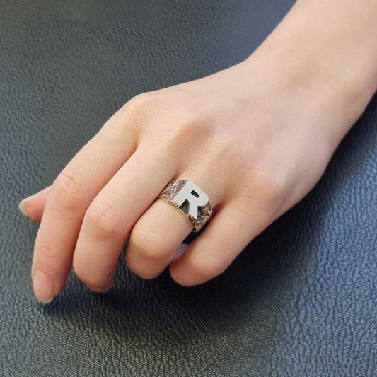 Sterling Silver Monogram R Bold Alphabet Women Ring - view 1