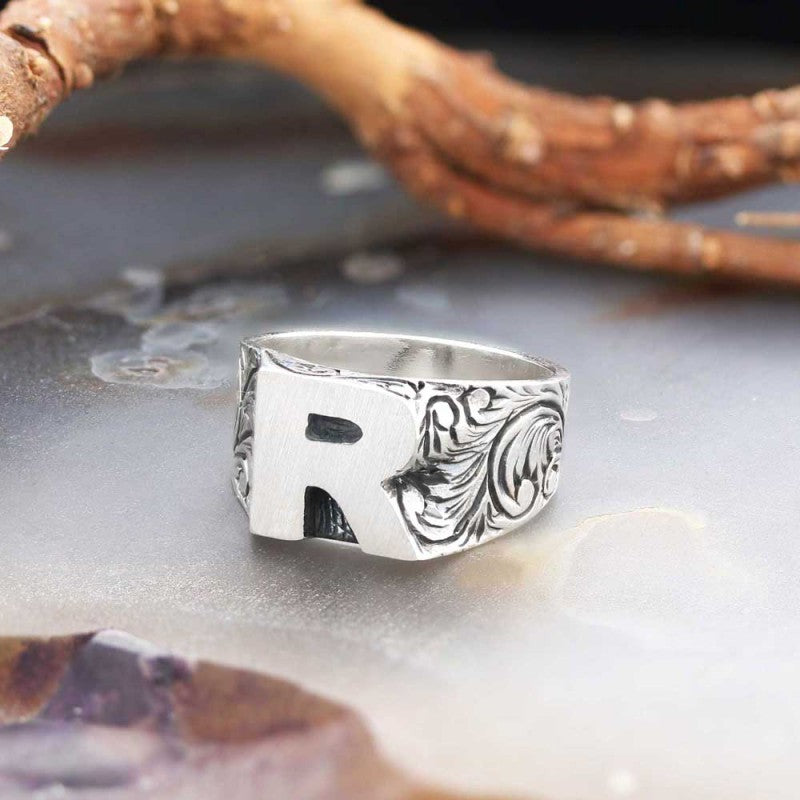 Sterling Silver Monogram R Bold Alphabet Women Ring - view 4