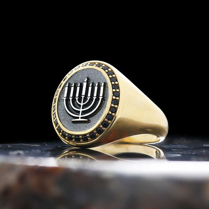 Sterling Silver Unique Design Oval Stone Jewish Menorah Isolated Women Ring by SWISS PLUS - Jewish Collection