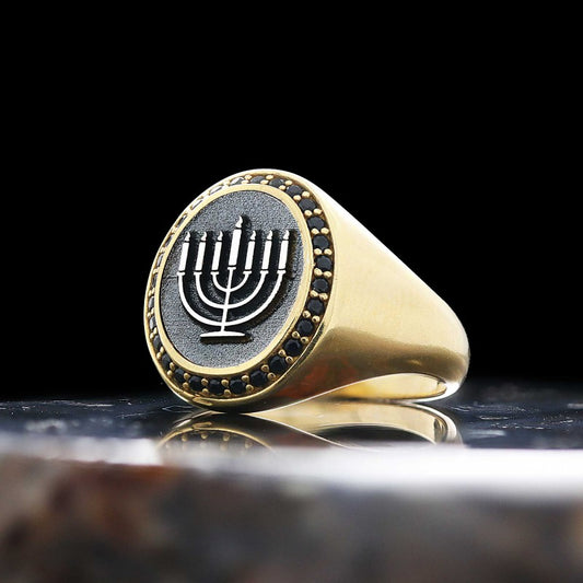 Sterling Silver Unique Design Oval Stone Jewish Menorah Isolated Women Ring - view 1