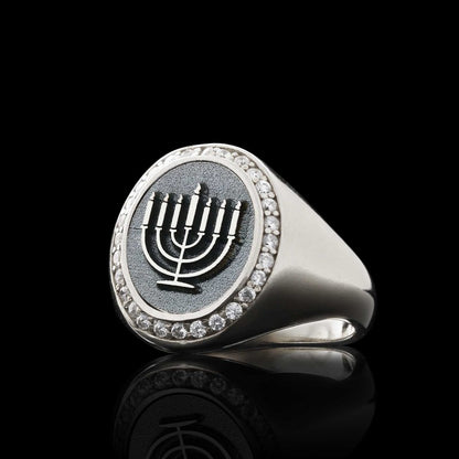 Sterling Silver Unique Design Oval Stone Jewish Menorah Isolated Women Ring by SWISS PLUS - Jewish Collection - view 3