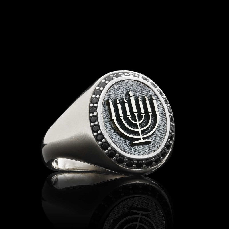 Sterling Silver Unique Design Oval Stone Jewish Menorah Isolated Women Ring - view 4