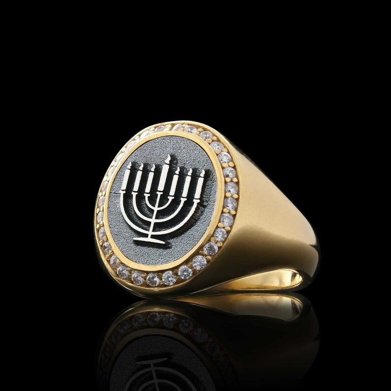 Sterling Silver Unique Design Oval Stone Jewish Menorah Isolated Women Ring - view 6