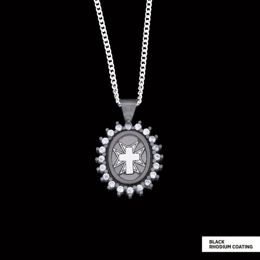 Stone Cross Silver Necklace, Gold Plated Silver Christian Cross Stone Pendant, Silver Oval Cross Necklace Black Rhodium Coating