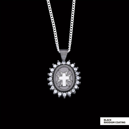 Stone Cross Silver Necklace, Gold Plated Silver Christian Cross Stone Pendant, Silver Oval Cross Necklace Black Rhodium Coating