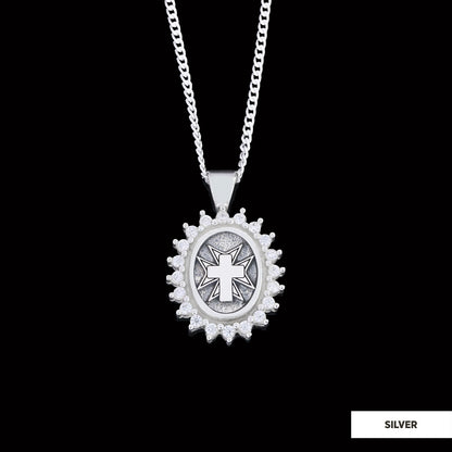 Stone Cross Silver Necklace, Gold Plated Silver Christian Cross Stone Pendant, Silver Oval Cross Necklace Silver by SWISS PLU
