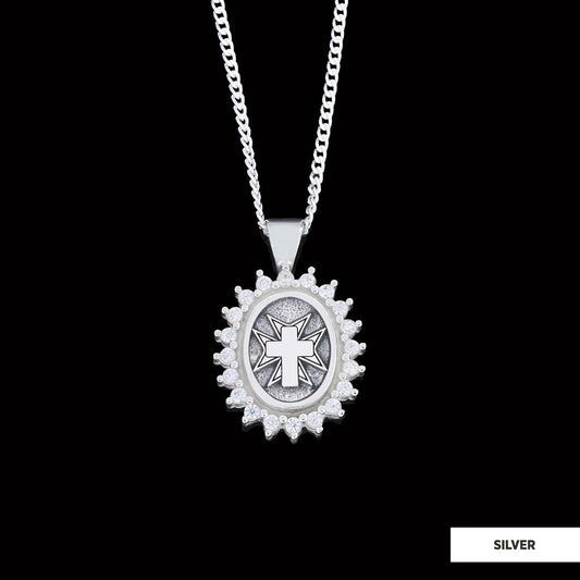 Stone Cross Silver Necklace, Gold Plated Silver Christian Cross Stone Pendant, Silver Oval Cross Necklace Silver
