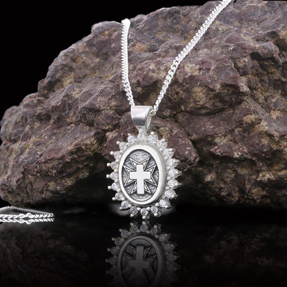 Stone Cross Silver Necklace, Gold Plated Silver Christian Cross Stone Pendant, Silver Oval Cross Necklace by SWISS PLUS - Chr