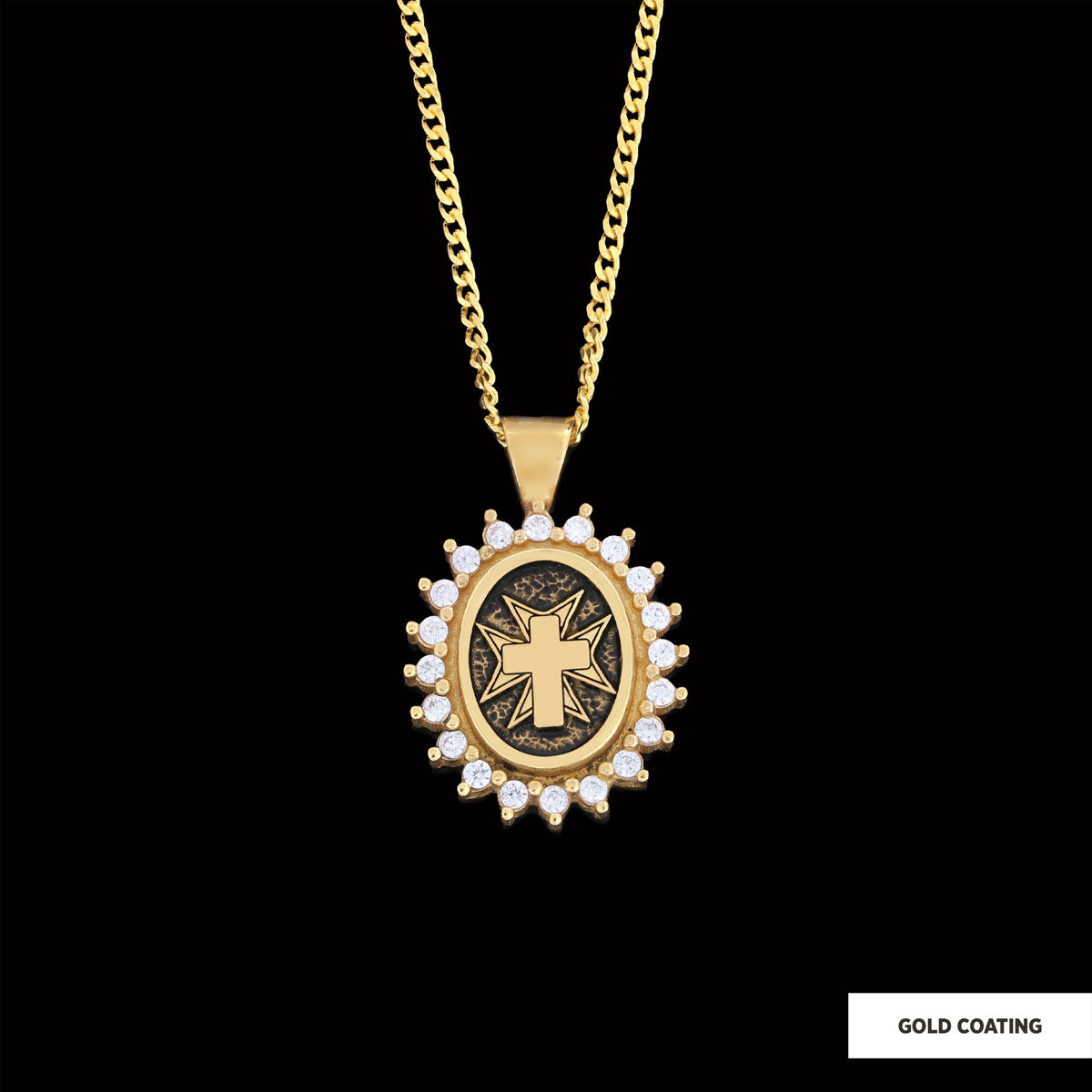 Stone Cross Silver Necklace, Gold Plated Silver Christian Cross Stone Pendant, Silver Oval Cross Necklace by SWISS PLUS - Chr