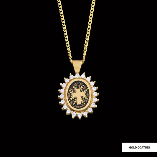 Stone Cross Silver Necklace, Gold Plated Silver Christian Cross Stone Pendant, Silver Oval Cross Necklace by SWISS PLUS - Chr