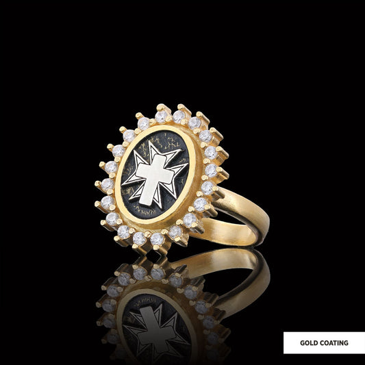 Stone Cross Silver Ring, Gold Plated Silver Christian Cross Stone Ring, Silver Oval Cross Ring, Christian Gift Gold Coating