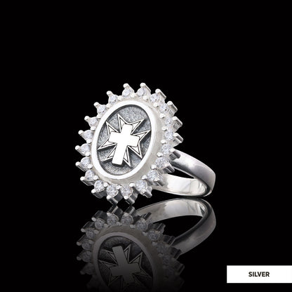Stone Cross Silver Ring, Gold Plated Silver Christian Cross Stone Ring, Silver Oval Cross Ring, Christian Gift Silver by SWIS
